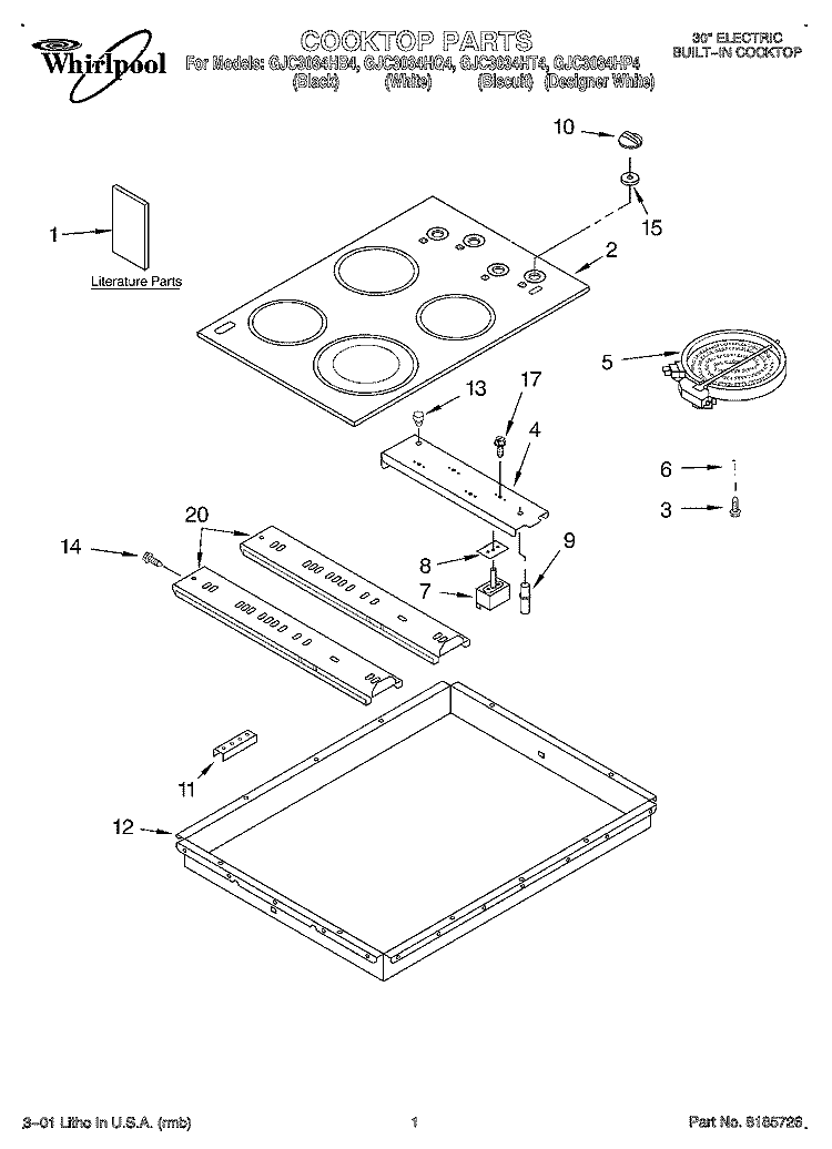 SECTION Diagram and Parts List for GJC3034HB4  Whirlpool Cooktop