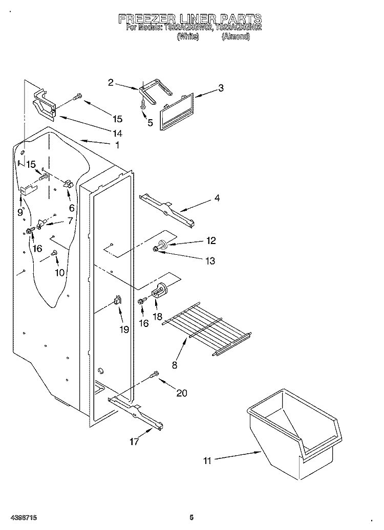 FREEZER LINER Diagram and Parts List for TS22AQXGW02  Whirlpool Refrigerator