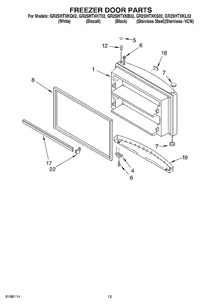 FREEZER DOOR Diagram and Parts List for GR2SHTXKL02  Whirlpool Refrigerator