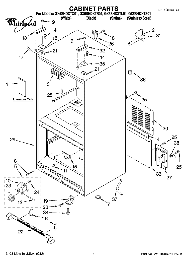 CABINET PARTS Diagram and Parts List for GX5SHDXTQ01  Whirlpool Refrigerator