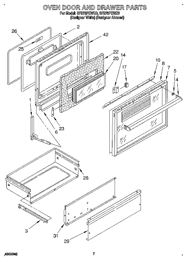 OVEN DOOR AND DRAWER Diagram and Parts List for SF378PEWZ0  Whirlpool Range
