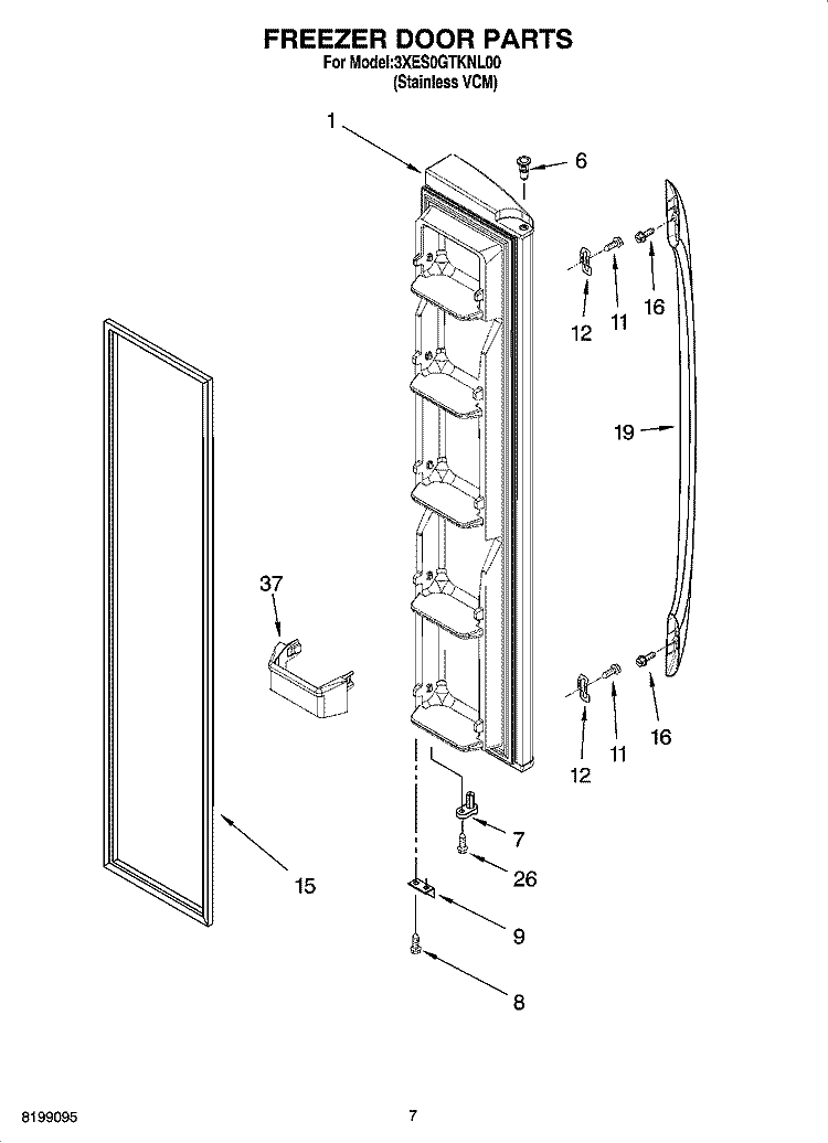 FREEZER DOOR PARTS Diagram and Parts List for 3XES0GTKNL00  Whirlpool Refrigerator