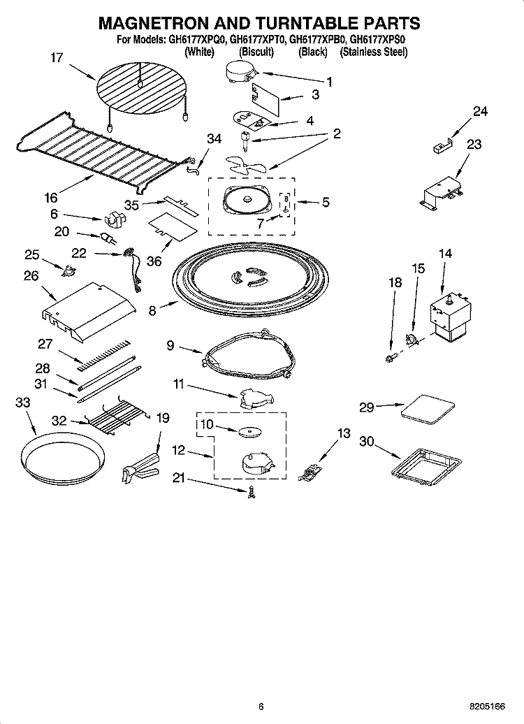 MAGNETRON AND TURNTABLE PARTS Diagram and Parts List for GH6177XPB0  Whirlpool Microwave