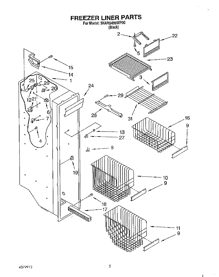 FREEZER LINER Diagram and Parts List for 3XARG499WP00  Whirlpool Refrigerator