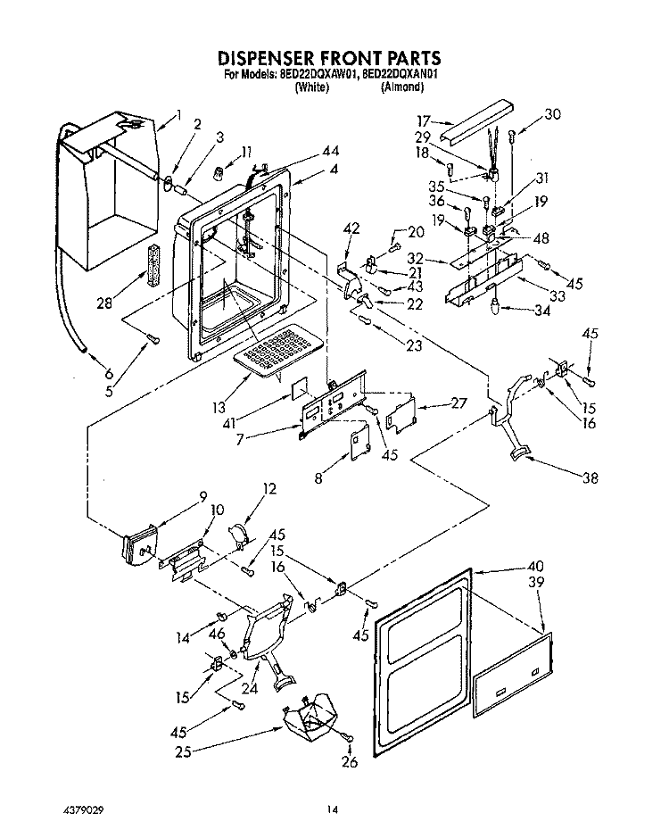 DISPENSER FRONT Diagram and Parts List for 8ED22DQXAN01  Whirlpool Refrigerator