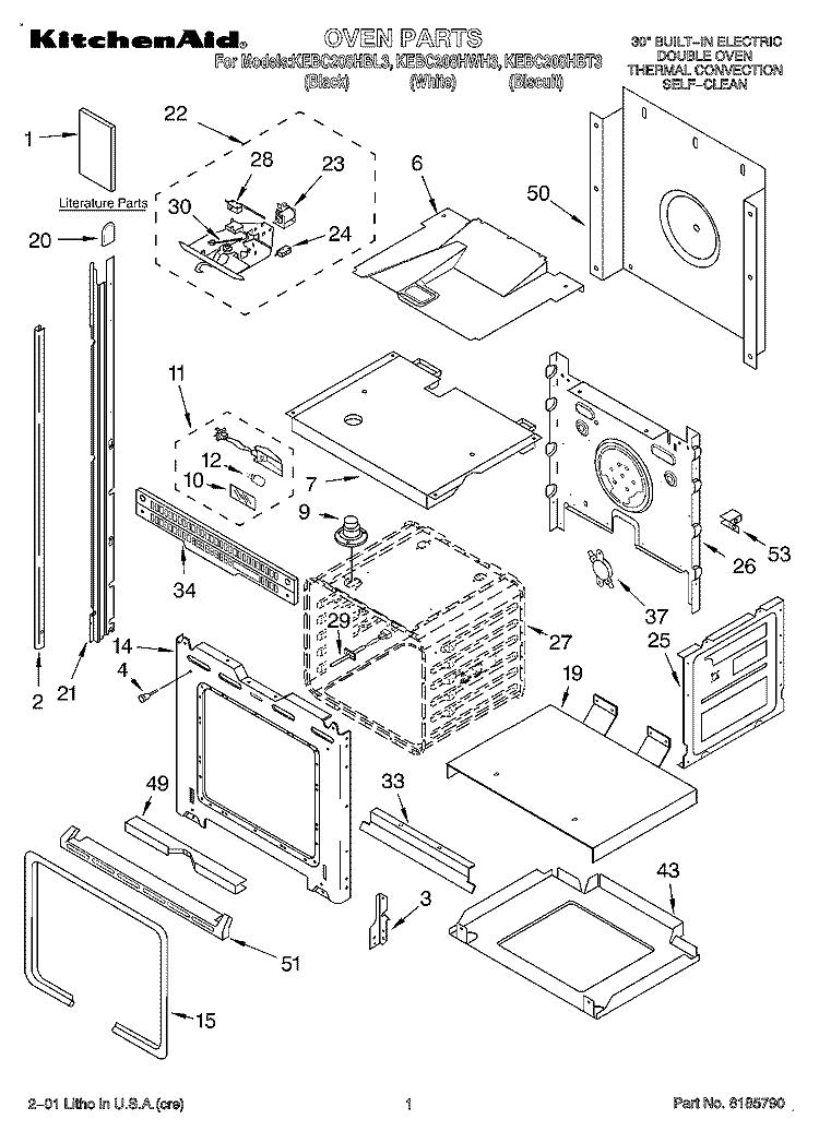 OVEN, LITERATURE Diagram and Parts List for KEBC208HBT3  KitchenAid Wall Oven