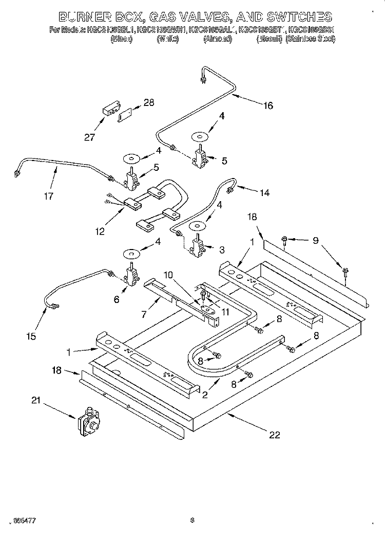 BURNER BOX, GAS VALVES, AND SWITCHES Diagram and Parts List for KGCS105GAL1  KitchenAid Cooktop