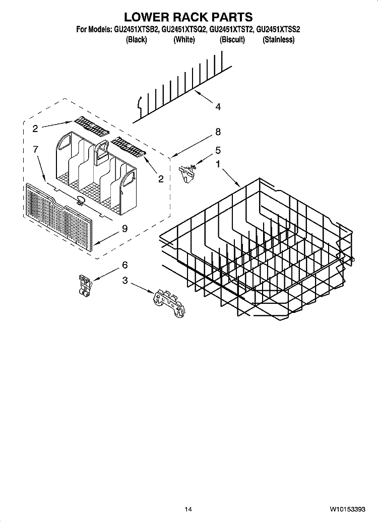LOWER RACK PARTS, OPTIONAL PARTS (NOT INCLUDED) Diagram and Parts List for GU2451XTST2  Whirlpool Dishwasher