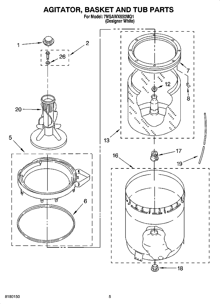 AGITATOR, BASKET AND TUB PARTS Diagram and Parts List for 7MSAWX650MQ1  Whirlpool Washer