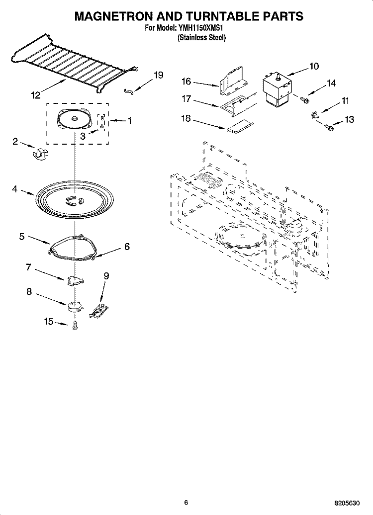 MAGNETRON AND TURNTABLE PARTS Diagram and Parts List for YMH1150XMS1  Whirlpool Microwave