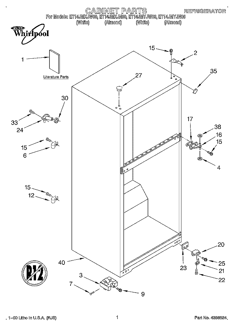 CABINET, LITERATURE Diagram and Parts List for ET14JMYJN00  Whirlpool Refrigerator