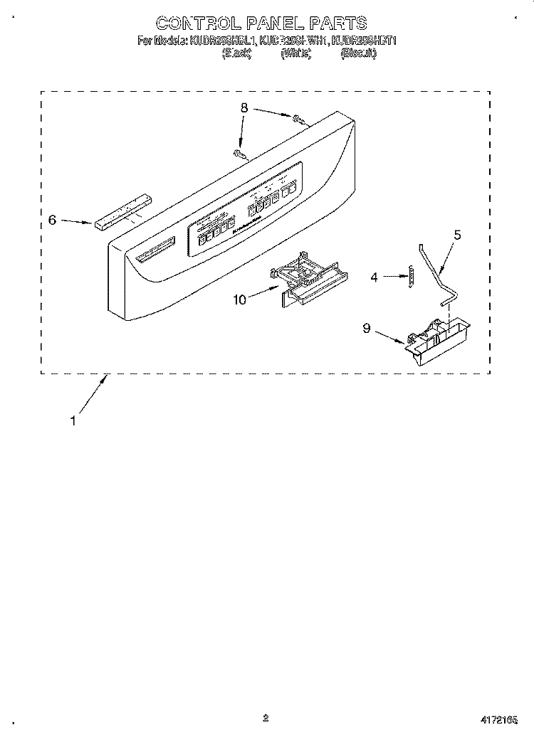 CONTROL PANEL Diagram and Parts List for KUDR25SHBT1  KitchenAid Dishwasher