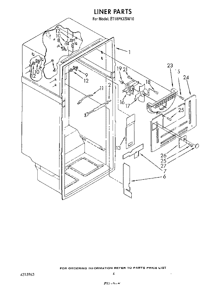 LINER Diagram and Parts List for ET18PKXSW10  Whirlpool Refrigerator