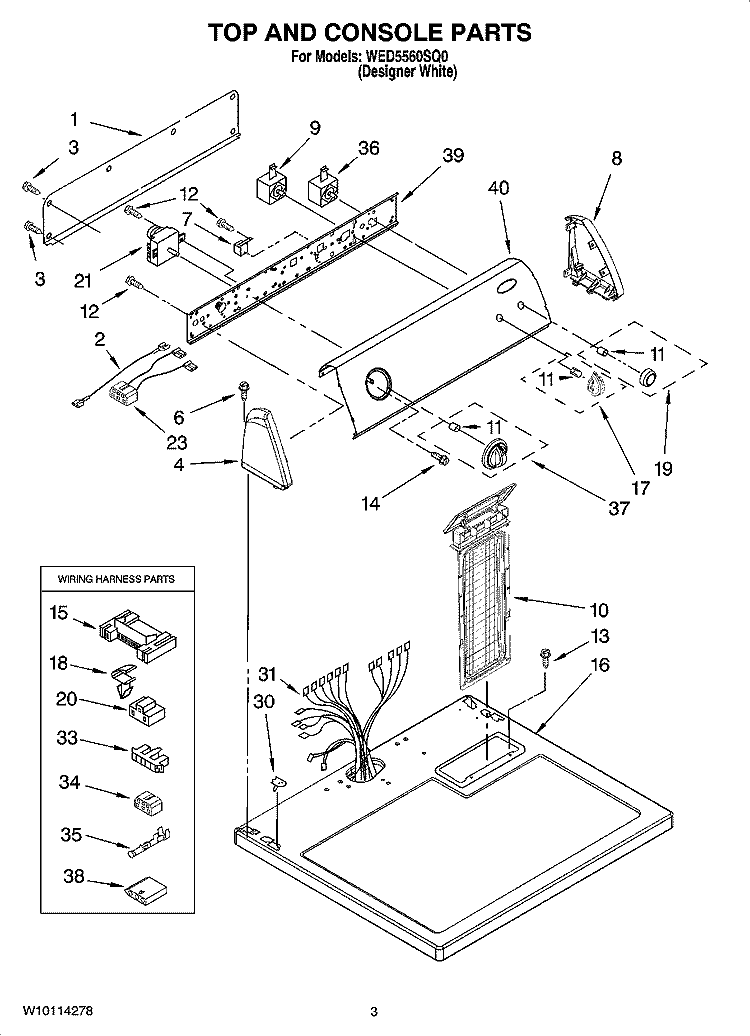 TOP AND CONSOLE PARTS Diagram and Parts List for WED5560SQ0  Whirlpool Dryer