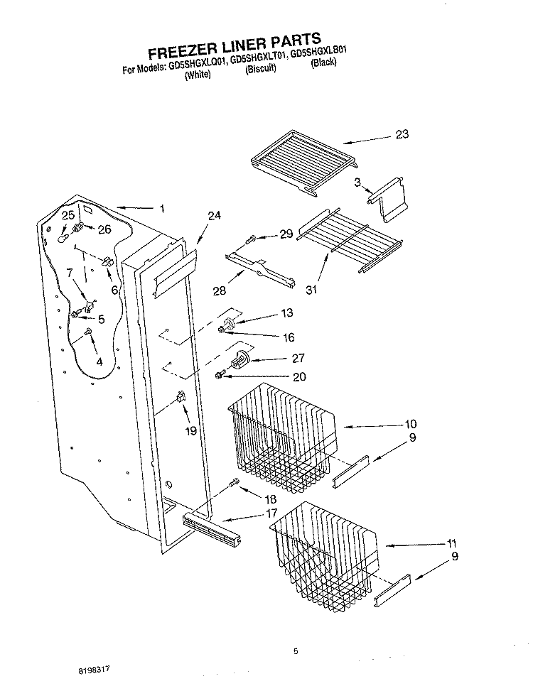 FREEZER LINER PARTS Diagram and Parts List for GD5SHGXLT01  Whirlpool Refrigerator