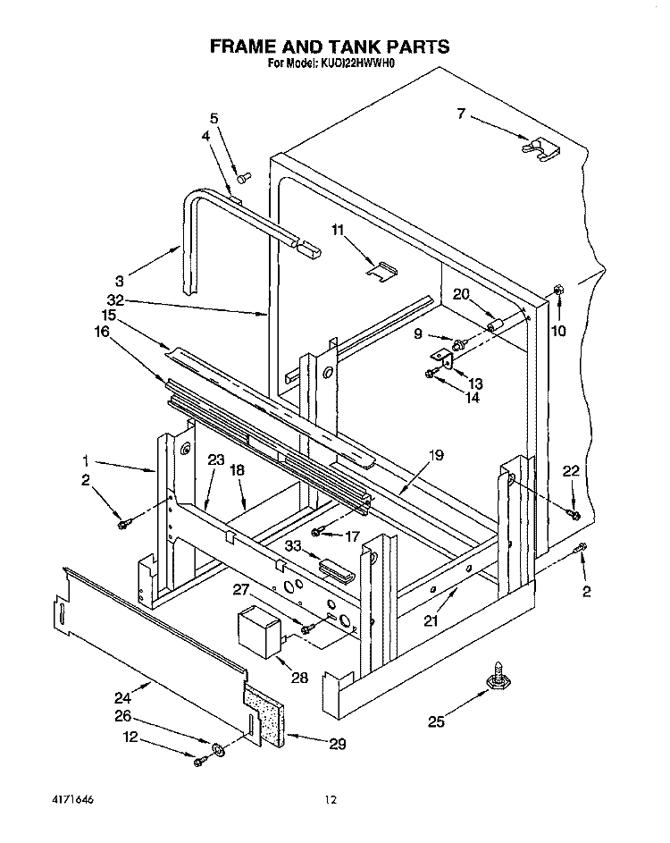 FRAME AND TANK Diagram and Parts List for KUDI22HWWH0  KitchenAid Dishwasher
