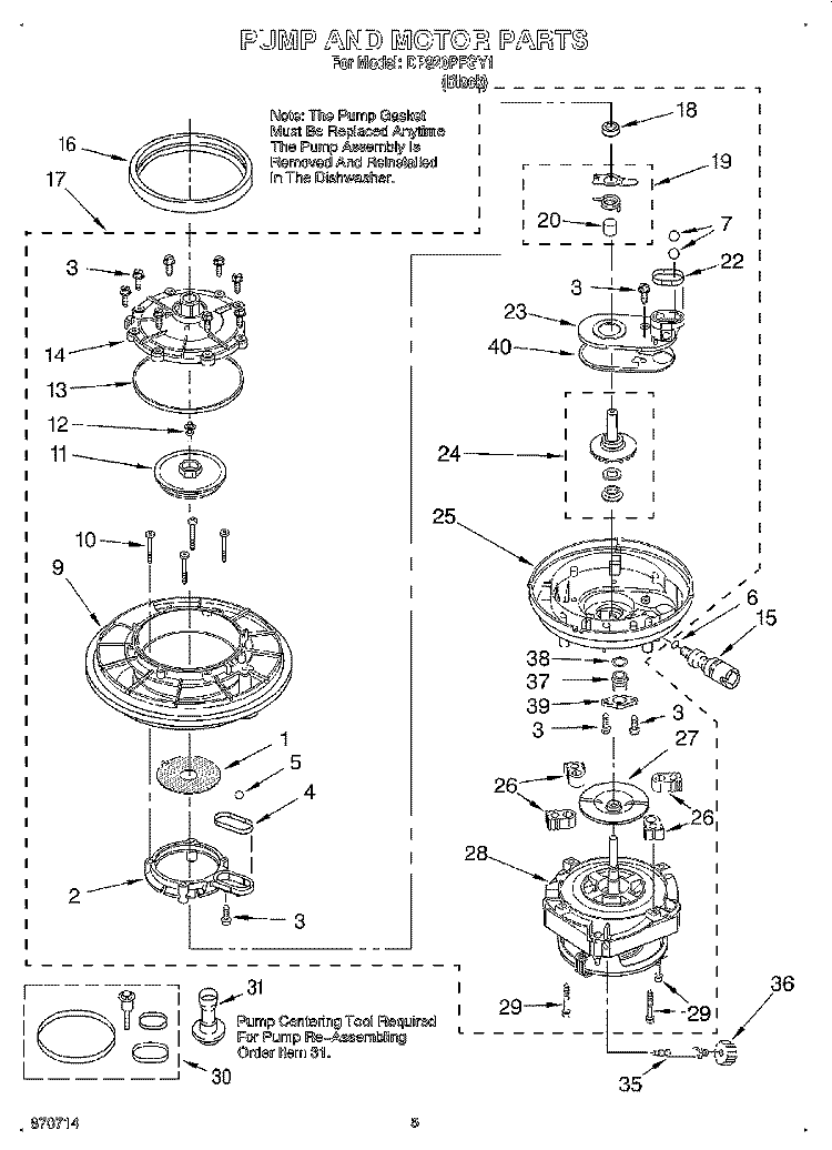 PUMP AND MOTOR Diagram and Parts List for DP920PFGY1  Whirlpool Dishwasher