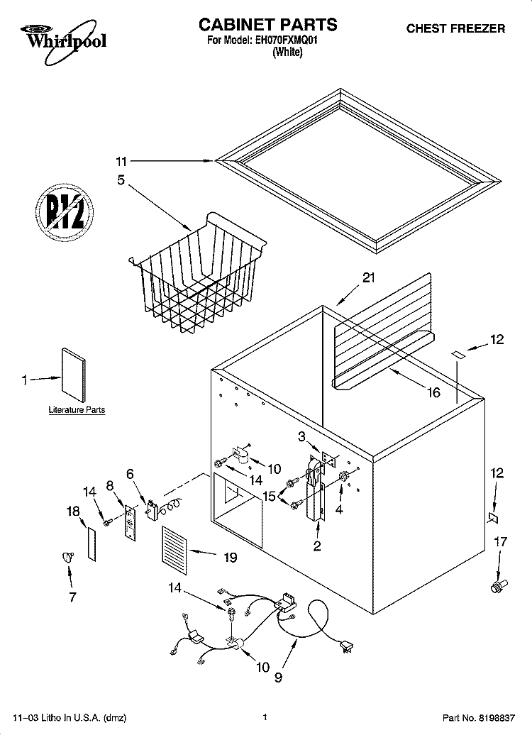 CABINET PARTS Diagram and Parts List for EH070FXMQ01  Whirlpool Freezer