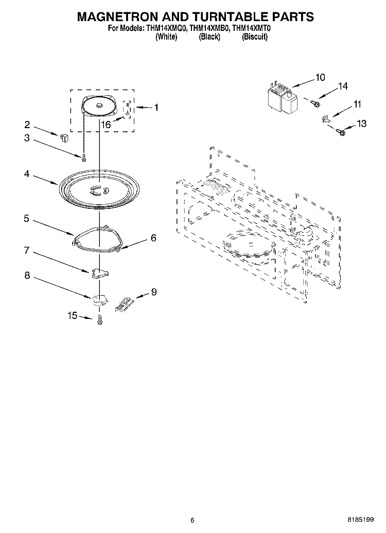 MAGNETRON AND TURNTABLE PARTS Diagram and Parts List for THM14XMQ0  Whirlpool Microwave