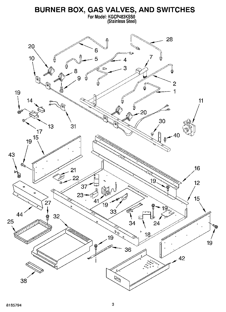 BURNER BOX, GAS VALVES, AND SWITCHES Diagram and Parts List for KGCP483KSS0  KitchenAid Cooktop