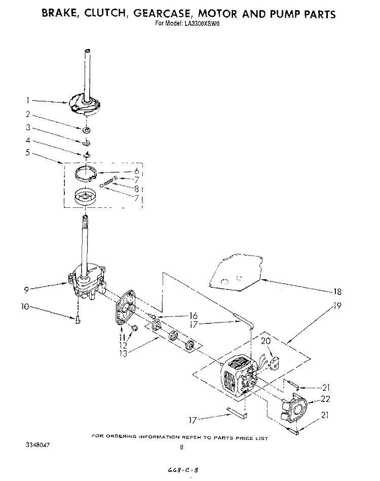 BRAKE, CLUTCH, GEARCASE, MOTOR AND PUMP Diagram and Parts List for LA3300XSW0  Whirlpool Washer