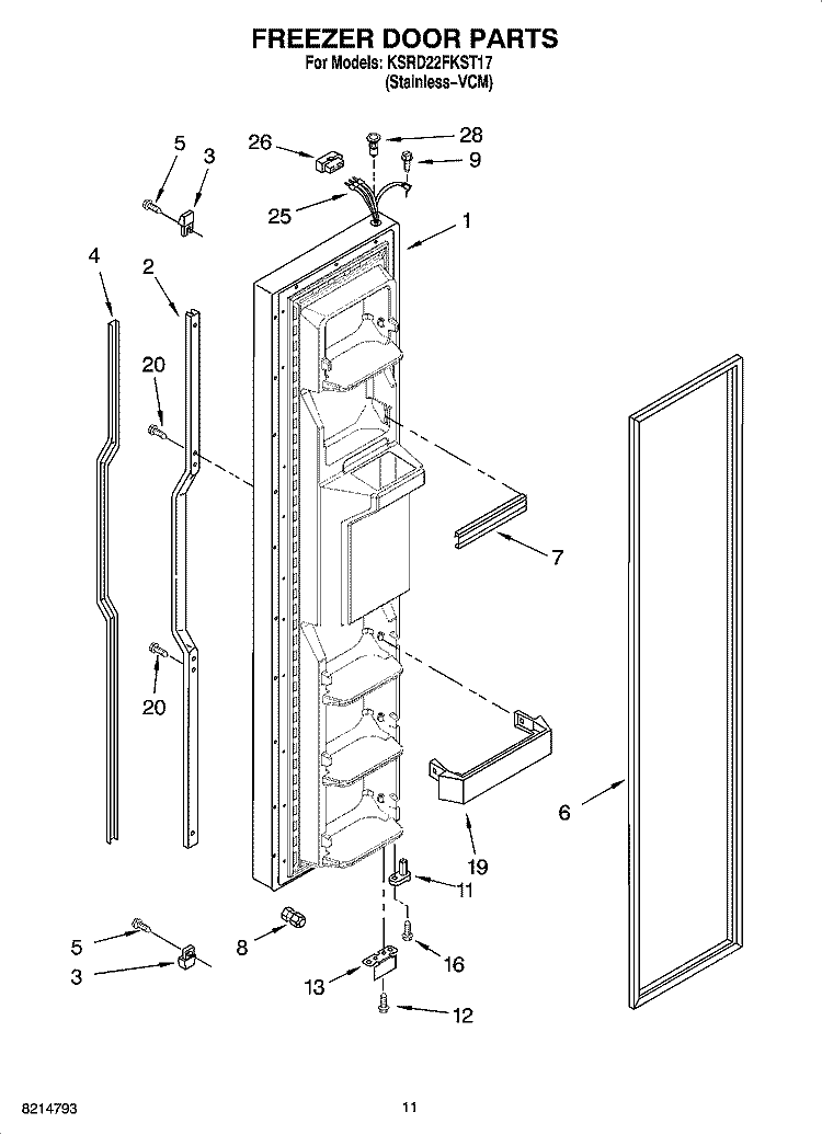 FREEZER DOOR PARTS Diagram and Parts List for KSRD22FKST17  KitchenAid Refrigerator