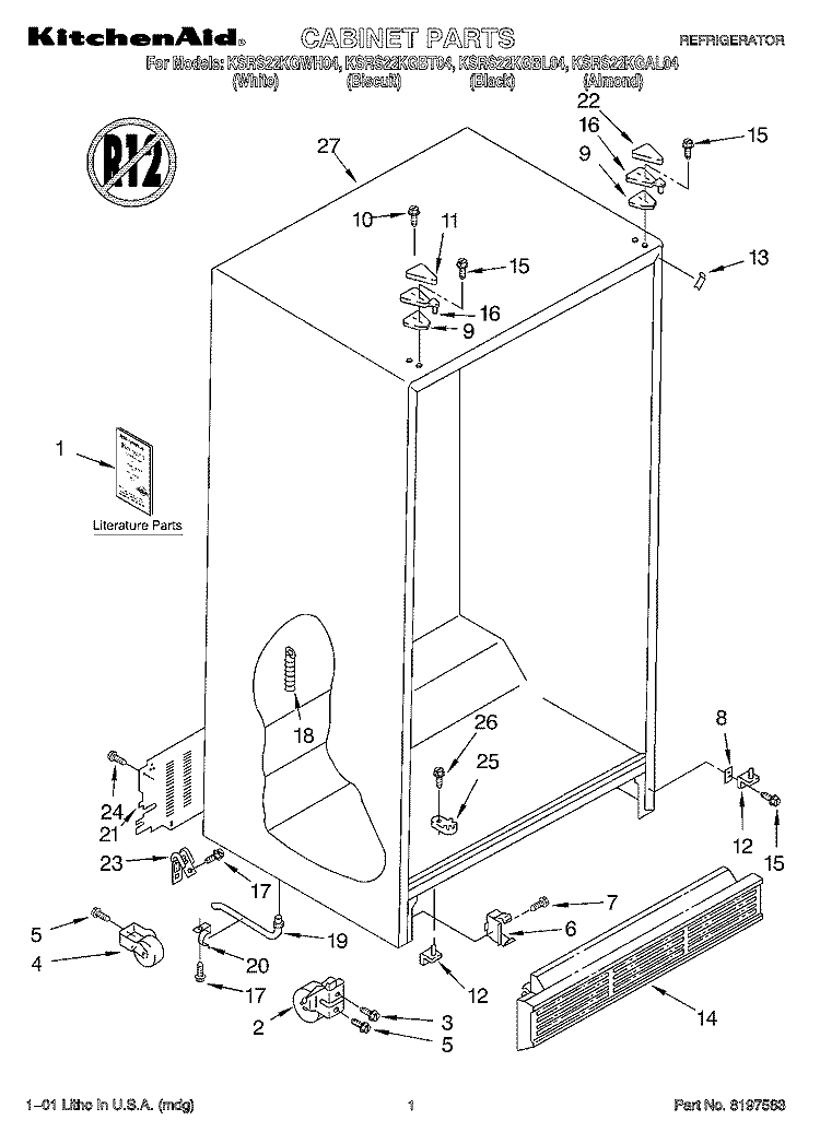 CABINET, LITERATURE Diagram and Parts List for KSRS22KGBL04  KitchenAid Refrigerator
