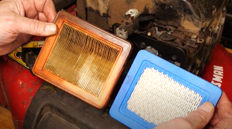 Side by side of a clean air filter versus a dirty air filter
