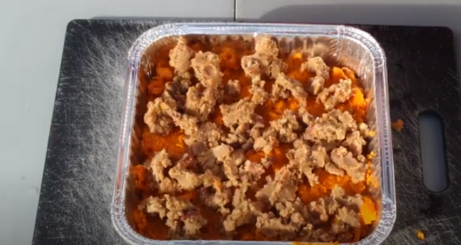 Sprinkle the topping over the sweet potato mash