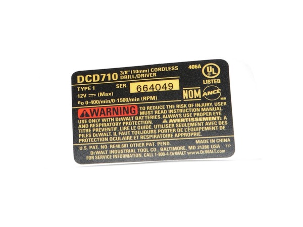 10187945-1-M-DeWALT-N070138-Nameplate-Dcd710 Type 1