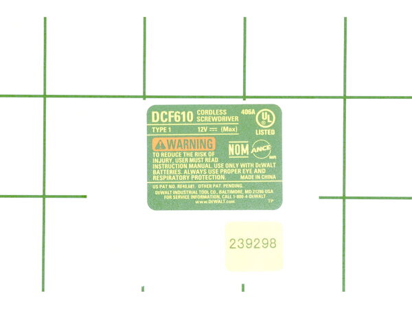 10187969-1-M-DeWALT-N073152-Nameplate-Dcf610 Type 1