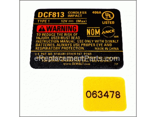 11929407-1-M-DeWALT-N073148-Nameplate-Dcf813 Type 1