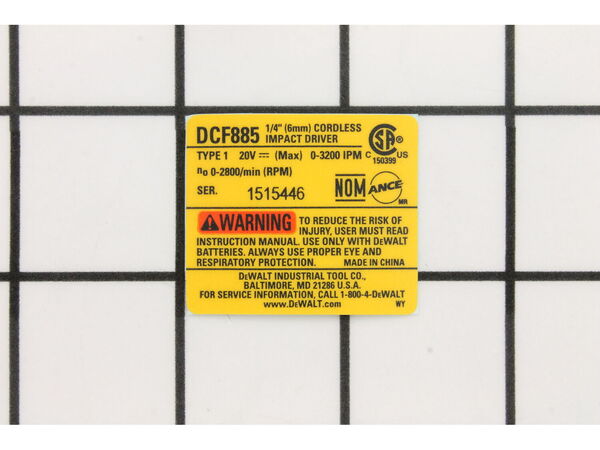 11929423-1-M-DeWALT-N080314-Nameplate Dcf885 Type 1