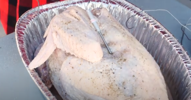 Insert temperature probes into turkey