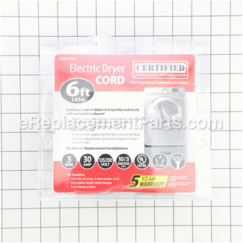 Dryer Cord 30a/6-Foot /3w/C - CERT77051:Certified Accessories