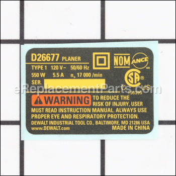 Nameplate D26677 Type 1 - N047144:DeWALT