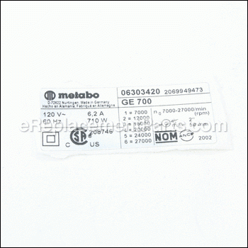 Rating Plate - 338042560:Metabo