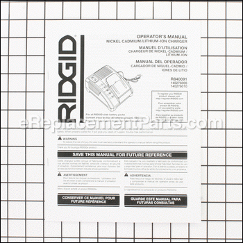 Charger Operators Manual - 987000592:Ridgid