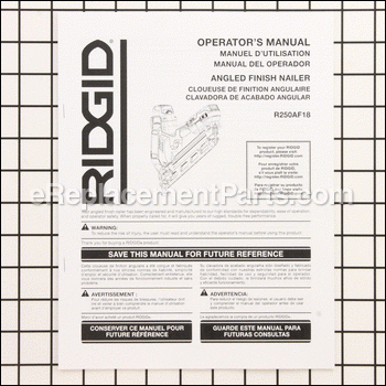 Angled Finish Nailer Operators Manual - 987000594:Ridgid