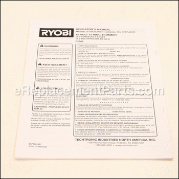 Operators Manual - 987000887:Ryobi