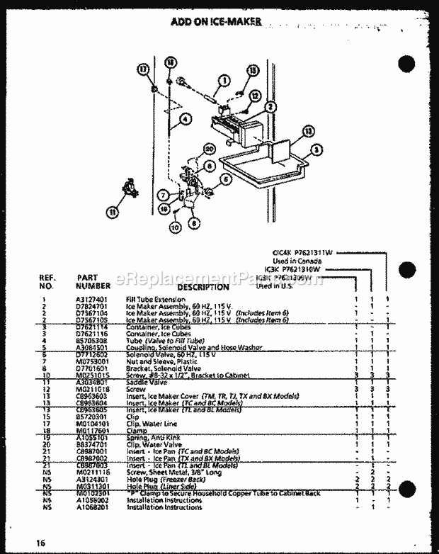 Amana IC3K (P7621309W) Mfg Number P7621310w, Misc / Accessory Add on Ice - Maker Diagram