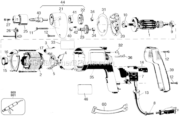Black and Decker 1046 Type 102 1/4 Variable Speed Reversible Holgun Page A Diagram