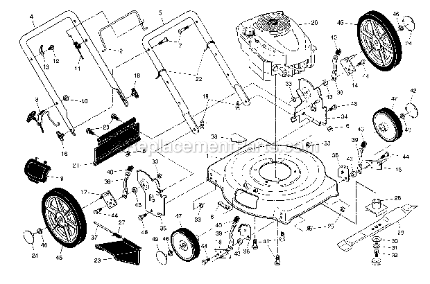 Craftsman 917387490 Rotary Mower EngineHousingHandleWheels Diagram