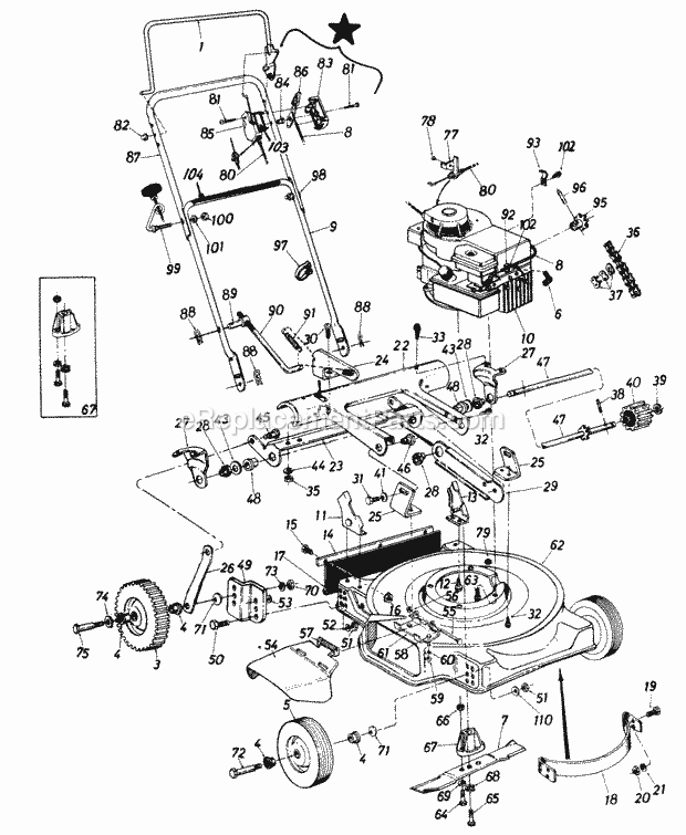 Cub Cadet 280123 (1983) 22-In Ers Self-Propelled Mower Handle, Wheel and Deck Assemblies Diagram