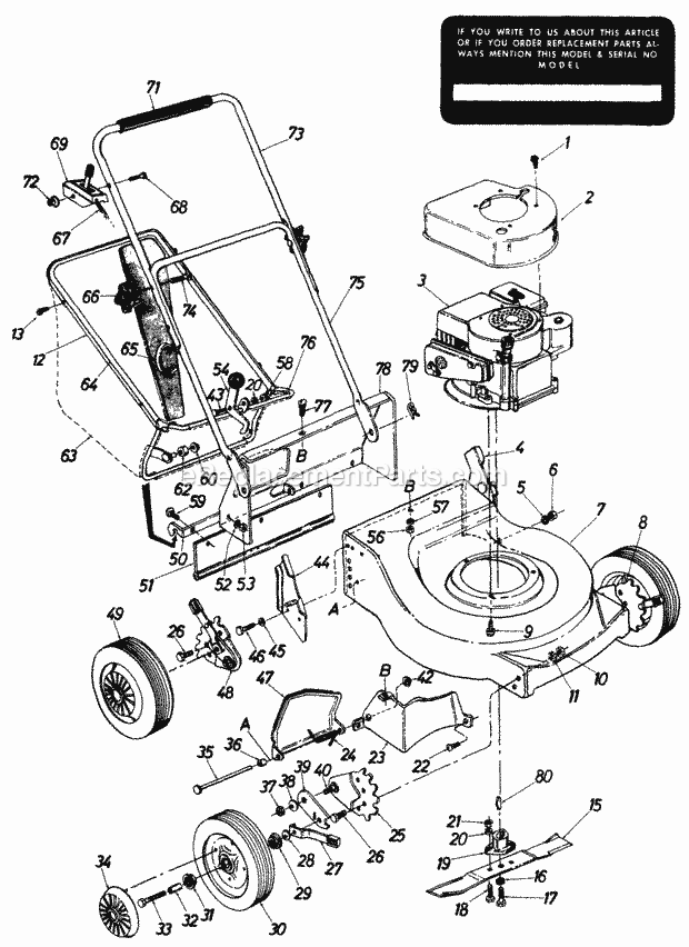 Cub Cadet 312112 (1982) 20-In Push Mower Front/Rear Wheel, Throttle Control and Handle Assemblies Diagram