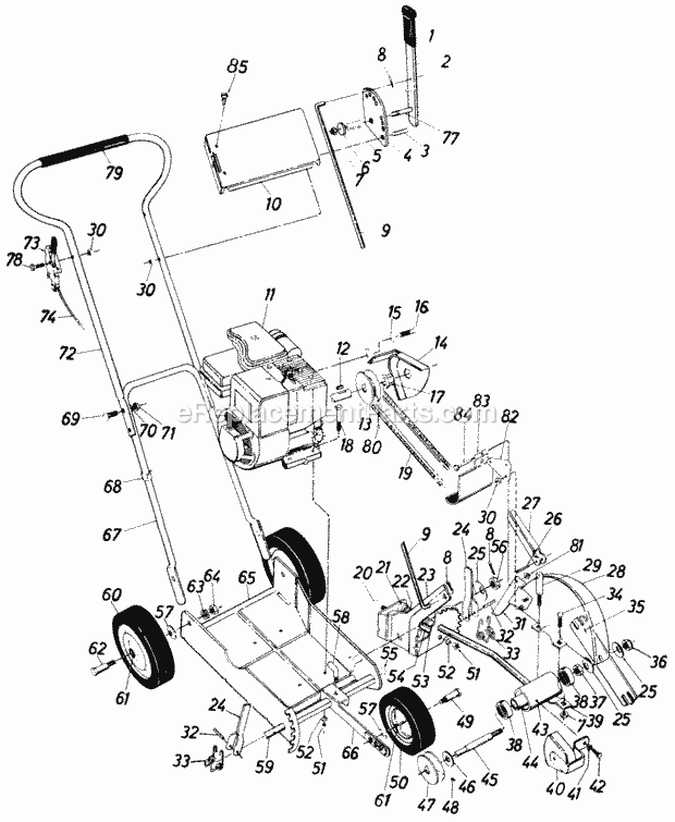 Cub Cadet 603244 (1984) 3 H.P. Edger Trimmer Throttle Control, Belt Guard and Wheel Assemblies Diagram