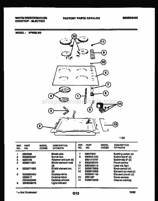 Frigidaire KP632LW2 Wwh(V1) / Electric Cooktop Range Cooktop Parts Diagram