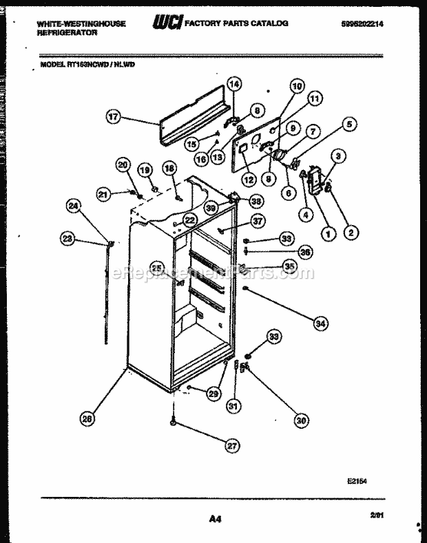 Frigidaire RT163NLHD Wwh(V5) / Top Mount Refrigerator Cabinet Parts Diagram