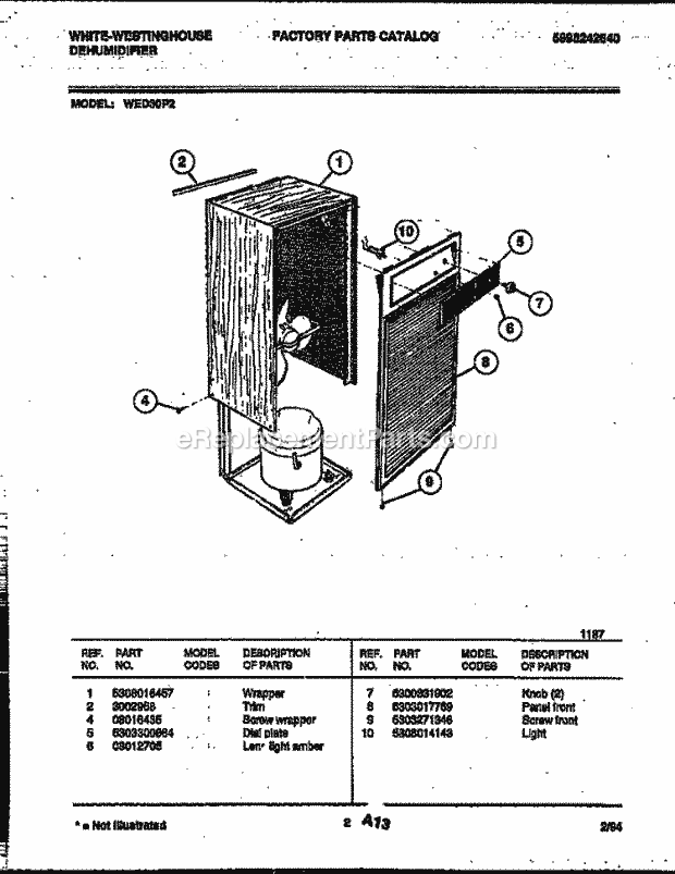 Frigidaire WED30P2 Wwh(V1) / Dehumidifier Cabinet and Control Parts Diagram