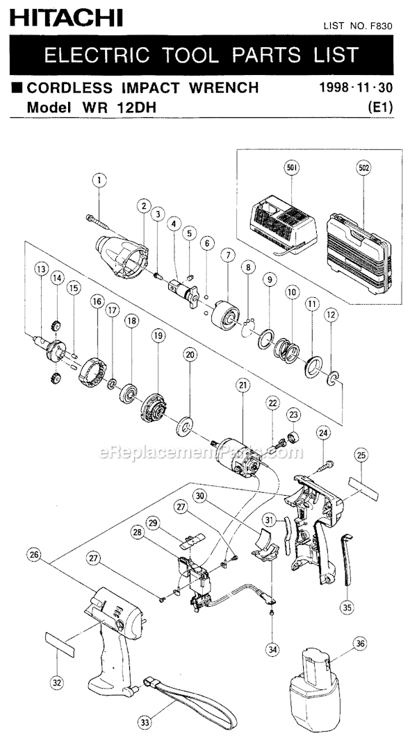 Metabo HPT (Hitachi) WR12DH " Square Drive, 12V Cordless Impact Wrench Page A Diagram